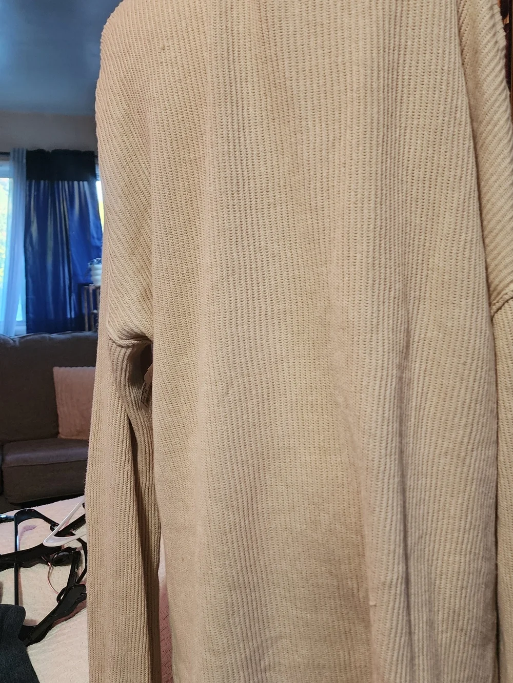 Free People Beige Ribbed Cowl/Turtleneck Button-Front Sweater